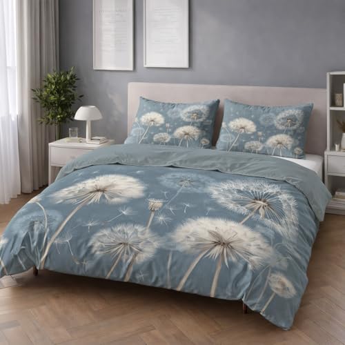 Generisch Bettwäsche 200 x 200 cm Realismus 3-Teilig, Bettbezug Blau Weiß Ruhig Elegant Pusteblume Weiche Angenehm Mikrofaser Wendebettwäsche-Sets mit Reißverschluss - Deckenbezug mit 2 Kissenbezüge