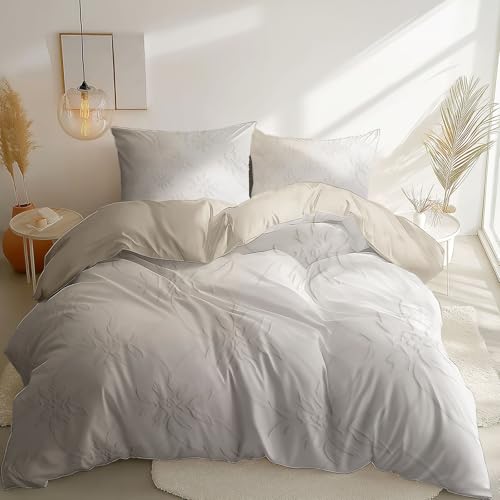 Bedruckte Bettwäsche Super King 3 teilig, Beige Wendedesign mit Reißverschluss Bettwäsche-Sets - Elegant Geometrisch Blumen BläTter Muster Weiche Mikrofaser Bettbezug mit für Jungen Teenager