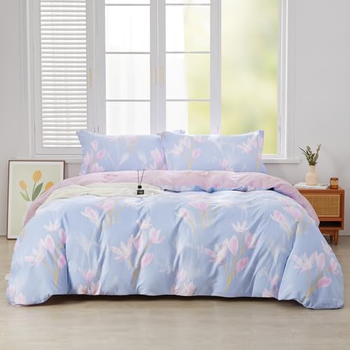 SAPHREAS Baumwolle Bettwäsche 200x200 3teilig Lila Bettwäsche Sets Rosa Blumen Bettwäsche Weich 1 Bettbezug 200x200 cm mit Reißverschluss + 2 Kissenbezüge 80x80 cm(Ohne Bettdecken)