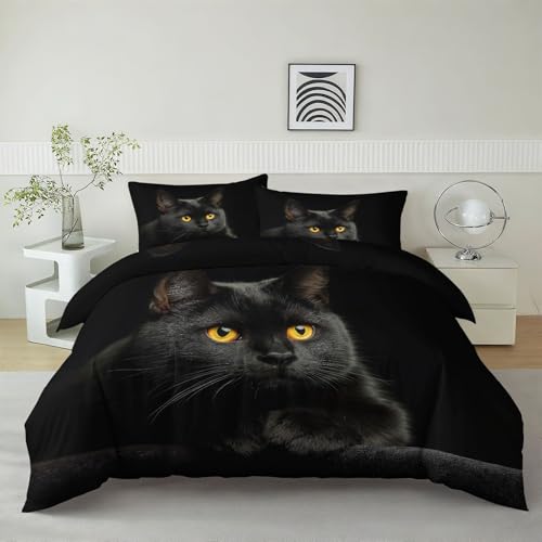 Quixora Bettwäsche-Set für Kinder, 200 x 220 cm Bettbezug mit Reißverschluss 2 Kissenbezug 80x80 cm, dekoratives Tier Schwarze Katze Muster für Mädchen und Jungen Schlafzimmer - Weich und Bügelfrei
