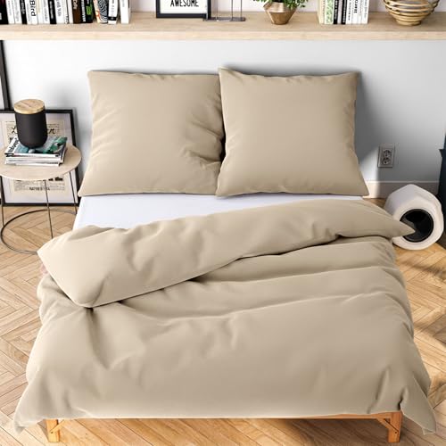 Wolkenfeld Winter Bettwäsche 135x200 cm – Beige - kuschlig weich & bügelfrei – ÖKO-TEX Zertifiziert – Mikrofaser Bettwäsche-Sets 1x Bettbezug 135 x 200 + 1x Kissenbezug 80x80