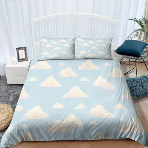 Bettbezug Cartoon Kleine Wolken Motiv, Weiche 150 x 200 cm Bettbezug Set, Hellblau Gemütlich Bettwäsche-Set mit Reißverschluss und Kissenbezüge für Kinder Jugendliche Erwachsene