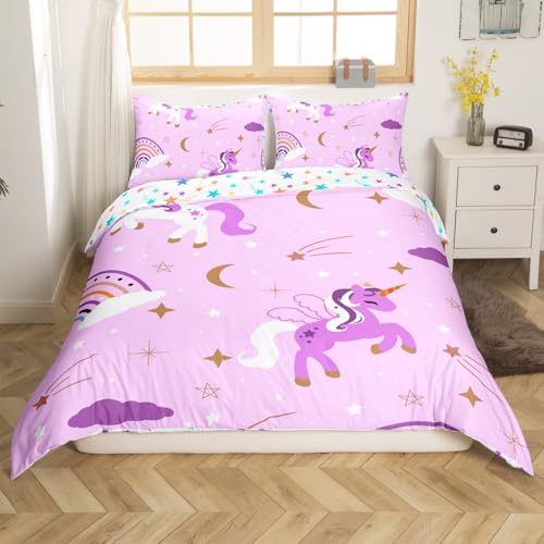 Loussiesd Lila Einhorn Bettwäsche-Set Nette Einhorn Tiere Bettwäsche Set 200x200cm Regenbogen Sterne Mond Muster Dekor Bettbezug Set für Mädchen Frauen Kinder Einhorn Pferd Bettbezug Mikrofaser