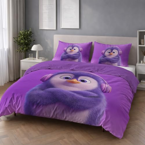 Bettwäsche 200 x 200 cm 3teilig Violett - Bettbezug 200 x 200 cm 3teilig Set mit Kissenbezüge 80x80 cm Atmungsaktiv Leicht Anti-Pilling bettwäsche mit Reißverschluss Cartoon Tiere Pinguin