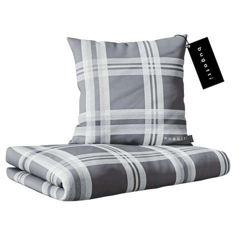 bugatti Bettwäsche 155 x 220 cm - 100% Baumwolle, Reißverschluss, anschmiegsam, weich & waschbar, Mako Satinbettwäsche kariert grau