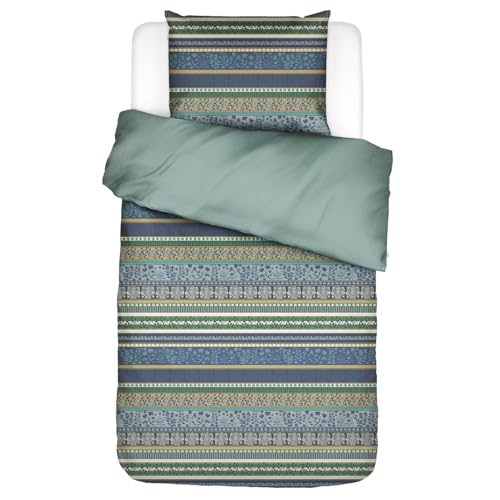 ESSENZA Bettwäsche Lita Surf Grün Flanell Streifen Geblümt Blumen Floral Gestreift Bunt Wendedesign Winter, Größe:155 cm x 220 cm