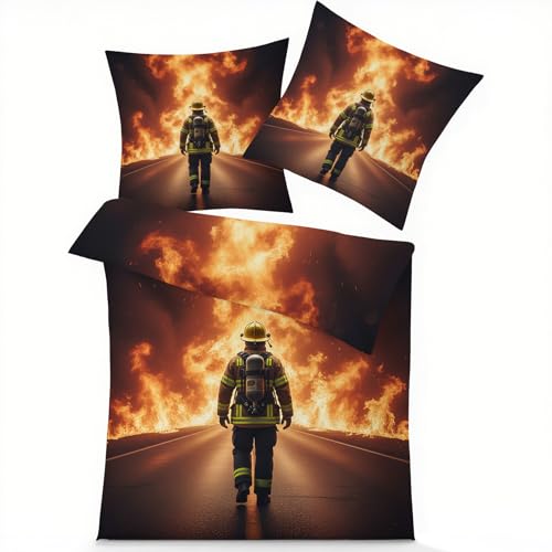GEDAEUBA Feuerwehrmann Bettwäsche 155x220 - Kinder Bettbezug, Wendebettwäsche und Kissenbezug 80x80, Weiche & Angenehme Mikrofaser Bettwäsche-Sets mit Reißverschluss