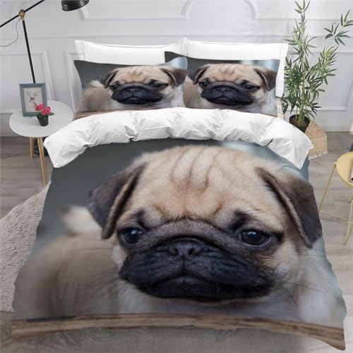 Bettwäsche 220x240 Mops 3D Druck Bettbezug 220x240 Süßer Hund Bettwäsche-Sets Weiche Mikrofaser Bettwäsche Set 3 Teilig Bettbezüge für Doppelbett mit 2 Kissenbezüge G-2457