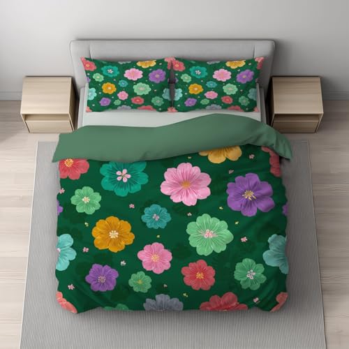 Generisch Smaragd Grün Bettwäsche Retro Bettbezug-Set 135 x 200 cm + 1 Kissenbezug 80 x 80 cm, Hochwertiges Microfaser Wendebettwäsche mit Reißveschluss, Blume Lila Pink Gelb