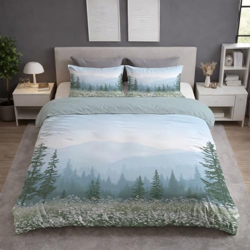 Generisch Bettwäsche Set 155 x 220 cm Türkis – Landschaft Wald Blumenmeer Mikrofaser Bettbezug mit Reißverschluss, Deckenbezug + Kissenbezüge, weich atmungsaktiv pflegeleicht, für Teenager Erwachsene