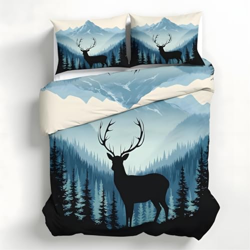 PNHCL Bettwäsche 200x200 3teilig Elch Bettbezug und 2 Kissenbezug 80x80 cm, Wald Motiv Bettwäsche-Sets mit Reißverschluss - Mikrofaser Wendebettwäsche für Kinder Teenager & Deko