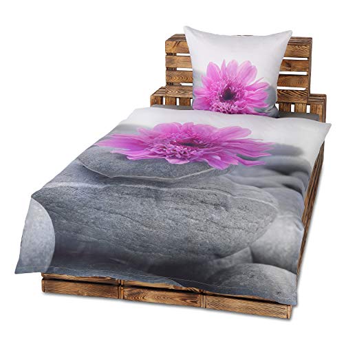 2 - 4 teilig 3D Digitaldruck Luxus Mako Satin Bettwäsche aus 100% Baumwolle 135x200 o. 155x220 + 80x80 cm Kissenbezug mit Reißverschluss (Fengshui Grau / Flieder, 2 teilig 135x200+80x80 cm)