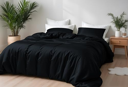 LINENWALAS Bambus bettwäsche 135x200 cm, 2-teiliges Seide Bettwäscheset, Oeko-TEX, 1 Bettbezüge 135 x 200 cm + 1 Kissenbezüge 80x80cm, Kühlender, Hypoallergener Bettbezug (Tiefschwarz)