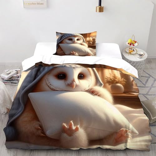 HMELTDIM Kissen Eule Bettwäsche Set - Niedliche Tiere 3D Bedruckte Bettbezüge - Weiche Gebürstete Mikrofaser Bettbezug Und 1 Kissenbezug ?135x200cm?