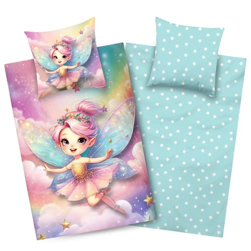 Aminata kids Bettwäsche Fee Elfe 135x200 cm Mädchen Bettbezug + 80x80 cm Kissenbezug - 100% Baumwolle Wendebettwäsche mit Sternen - YKK Reißverschluss