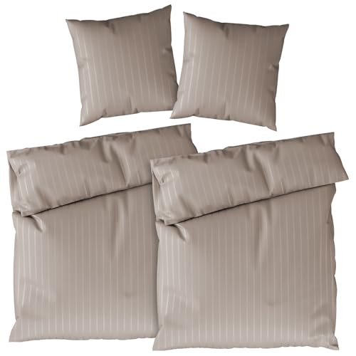 Pure Label Satin Bettwäsche 2x135x200 cm gestreift in Taupe – inkl. 2x80x80 cm Kissenbezug, 100% Baumwolle – Elegante und angenehm weiche Bettwäsche aus Satin - Oeko-Tex Zertifiziert.