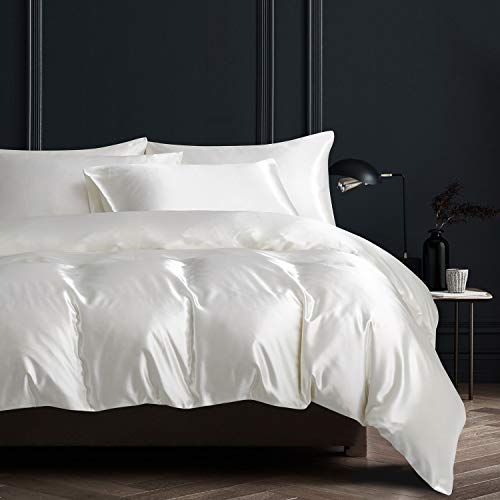 Boqingzhu Satin Bettwäsche 135x200cm Weiß Uni Glatt Glänzend Seide Luxus Bettwäsche Set Bettbezug und Kissenbezug 80x80cm mit Reißverschluss