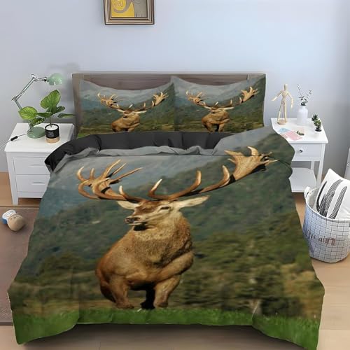 HATEGE Bettwäsche 140x200 Elch 3D Wendebettwäsche Moose Microfaser Bettwäsche Set für Kinder Bettbezug 3 Teilig mit 2 Kissenbezug 80x80 cm 9131-ABC