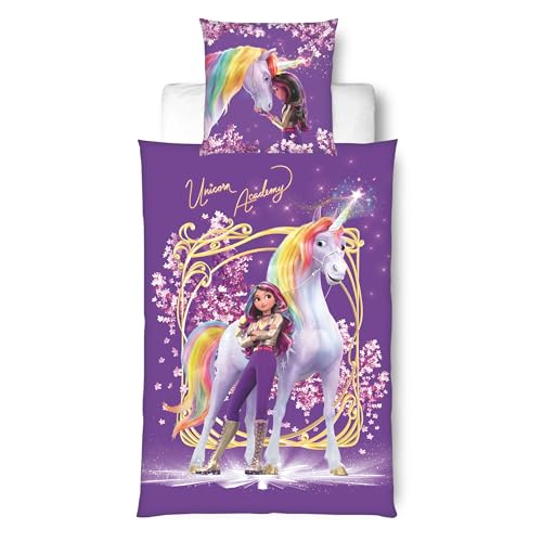 MTOnlinehandel Bettwäsche Unicorn Academy 135x200 - Kinder Geschenkidee, 1x Kissenbezug 80x80 + Bettbezug 135x200, mit Reißverschluss - Sophia & Wildstar