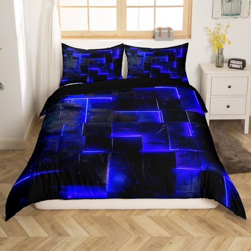 Homewish 3D Geometrische Bettwäsche Sets Abstrakte Ästhetische Trösterbezug,Schwarz und Marineblau Bett Set Glühende Futuristische Würfel 135x200 Bettbezug Neon Gitter Bettbezug (Schwarz Reversibel)