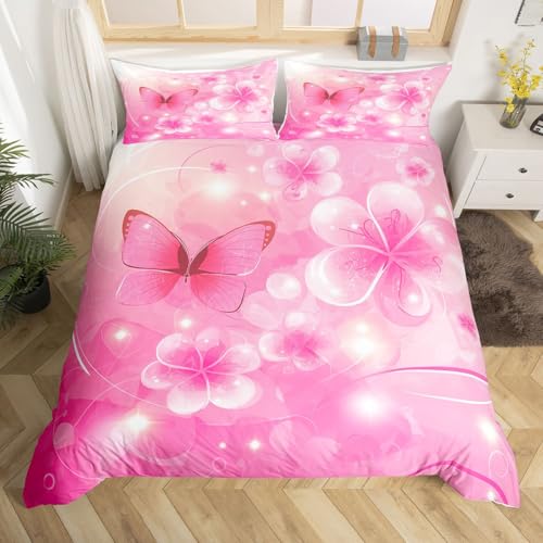 Homewish Blumen Bettwäsche 200x200 Schmetterling für Kinder Jungen Mädchen Bettwäsche Set Glitter Pfirsich Blüte Punkte Prinzessin Bettbezug Träumige Rosa Blumenlinie Bettset 3 Teilig