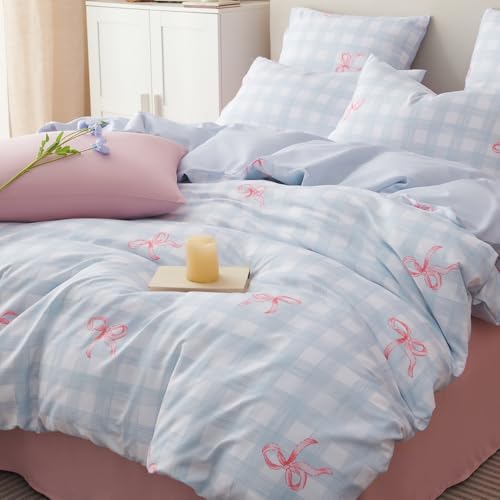 Sedefen Bettwäsche 135x200cm Blau Kariert mit Rosa Schleifen Bettwäsche Set 2 Teilig Aesthetic Blau Weiß Karo Wendebettwäsche Microfaser ÖKO-TEX Bettbezug mit Reißverschluss und Kissenbezug 80x80cm