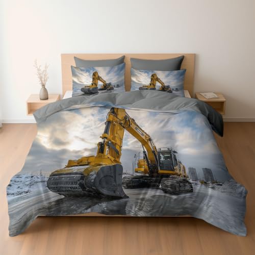 Generisch Bettwäsche Set 135 x 200 cm Bagger Baustelle Schnee Bettbezug, Weich Gemütlich Grau Mikrofaser Wendebettwäsche für Jugendliche Kinder, Mädchen, mit Reißverschluss und Kissenbezug, 2er Set