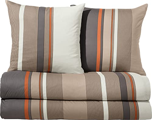 Erwin Müller Single-Jersey Bettwäsche-Set 4-TLG., Bettgarnitur, mit Streifen beige-grau Größe 80x80 cm / 155x200 cm - temperaturausgleichend, bügelfrei, mit Reißverschluss, 100% Baumwolle