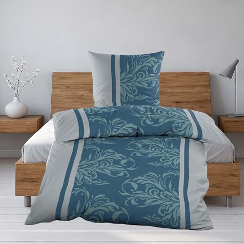 Casa Colori Biber Bettwäsche 135x200 cm | 2tlg. | 100% Baumwolle | Petrol Türkis Grau Schnörkelmuster