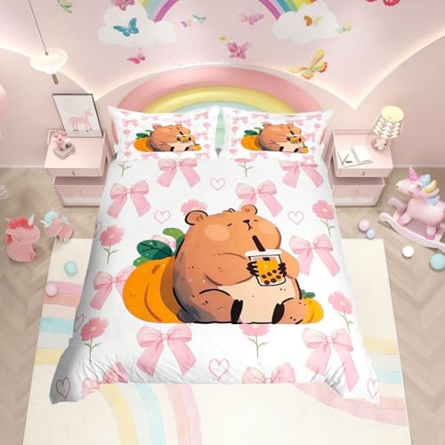Homewish Kawaii Bowknot Cartoon Capybara Bettbezug 220x240 Süßer Dessert Milchtee Kürbis Dekor Bettwäsche Herz Blumen Schleife Prinzessin Bedding Entzückender Tierliebhaber Bettwäsche Set 3 teilig