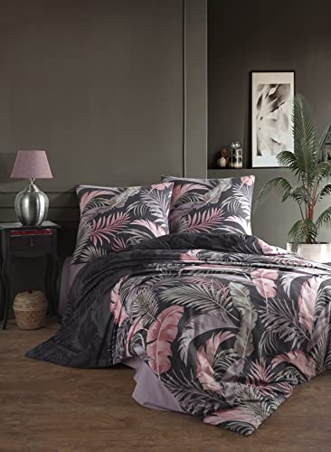 ZIRVEHOME Bettwäsche 155x220 cm 4 teilig Set, geblümt, 100% Baumwolle/Renforcé mit Reißverschluss atmungsaktiver anthrazit Farbe bettbezug mit Kissenbezug 80x80 cm. Hena