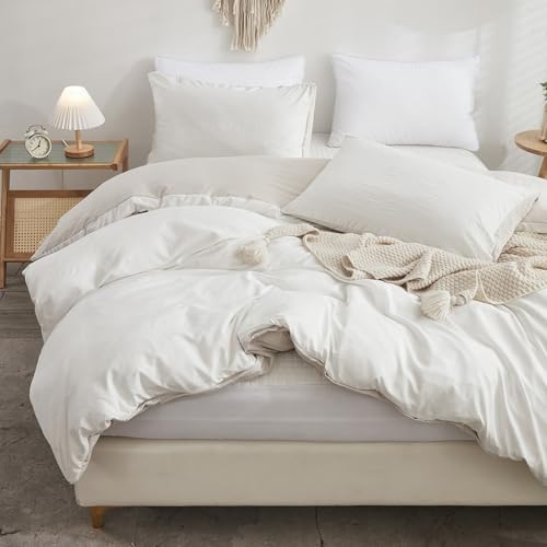 Freyamy Bettwäsche 155x220 Beige Weiß Unifarben Uni Bettwäsche-Sets Wende Gewaschene Microfaser ÖKO-TEX Deckenbezug 1 Bettbezug mit Reißverschluss und 1 Kissenbezug 80x80cm