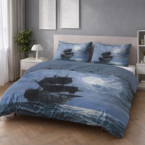 Fantasie Segelboot Pirat Mond 3 - teilig Wende bettwäsche Premium Qualitãt Schwarz Aus Mikrofase - Deckenbezug(155 x 220) Mit Reißverschluss - Kuschelig Weich & Bügelfrei
