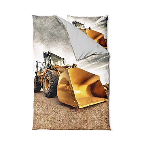 ETÉREA Renforcé Kinder Bettwäsche 135x200cm + 80x80cm - 100% Baumwolle - Bettbezug Bagger Motiv natürlich weich - Bettwäsche Set 135x200cm Bettbezug + 80x80cm Kissenbezug 2teilig - OEKOTEX - Sand