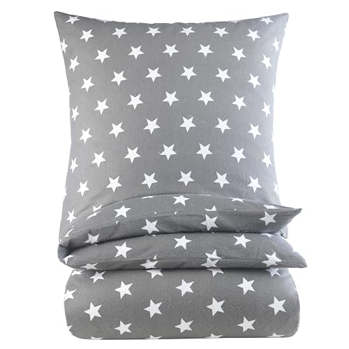 BaSaTex Feinbiber Winter Bettwäsche warme und kuschelige Bettgarnitur und Kissenbezug 135x200 + 80x80 cm | 100% Baumwolle | Sterne - Grau