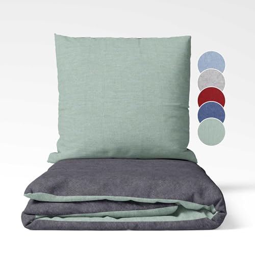 sleepling Biber Bettwäsche, Feinbiber 135 x 200 cm, Wendebettwäsche Salbei-dunkelgrau, 1 Bettbezug und 1 Kissenbezug 80 x 80 cm, Ökotex, waschbar bis 60 Grad