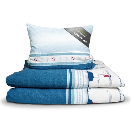 Traumschlaf Seersucker Bettwäsche Bügelfrei Set maritim sommerlich frisch im Leuchtturm Design mit Reißverschluss 155x200 cm + 80x80 cm