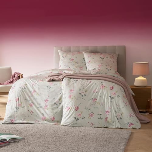 ESTELLA Mako Jersey Bettwäsche 135x200 Emilie Mint Rosen Blüten rosa 6272-520