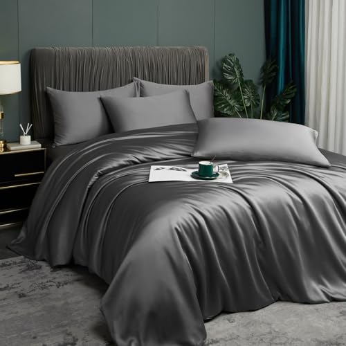 Luofanfei Kühlende Sommer Bettwäsche 135x200 cm Grau Anthrazit Bambus Polyester Glänzend Glatt Uni Bettwäsche Set Luxus Einfarbig Zweiteilig Bettbezug Set 135 200 Einzelbett mit Reissverschluss