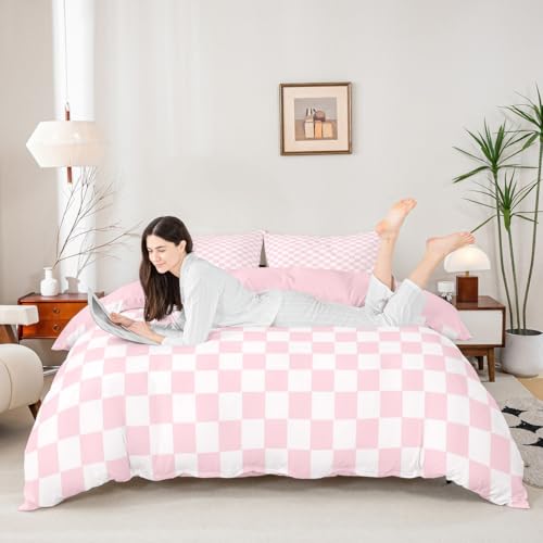 Pink Grid Bettdecke Abdeckung S Größe,Pink Weiß Schecked Bettwäsche Set Kinder Mädchen Teens Frauen Geometrische Plaid gedruckt Decke Abdeckung weiche süße Mädchen Quilt Abdeckung,1 Kissenbezug