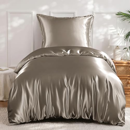 RUIKASI Satin Bettwäsche 135x200 Taupe - Seidig Luxus Bettbezug mit Glanz wie Seiden Bettwäsche Set Braun für Haar und Haut, Glänzend Bettwäsche 135x200cm mit Reißverschluss und Kissenbezug 80x80cm