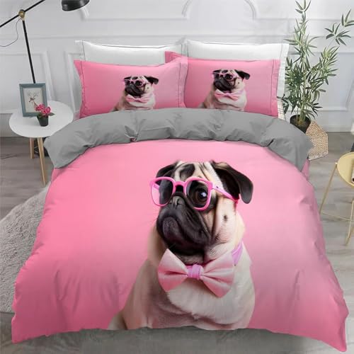 Mops Bettwäsche 200x200 Süßer Welpe 3D Bettbezug Weich Mikrofaser Bettwäsche-Sets 3 Teilig mit 2 Kissenbezüge 80x80 für Teenager Erwachsene Doppelbett z.208
