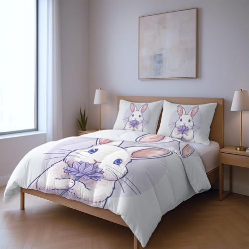 Gewebe Macht sie weich Langlebig Hohe Reißfestigkeit Bettwäsche Set,Weiß Violett Tiere niedlich Blumen 135 x 200 cm Geeignet für das Schlafzimmer