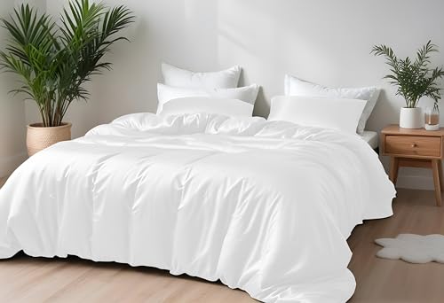 LINENWALAS Bambus-Bettwäsche-Set, Premium-Bettbezug-Set aus Bambusseide mit Kissenbezug, 2-teiliges Bettwäscheset, 155 x 220 cm, luxuriöser, weicher, kühlender Steppdeckenbezug (weiß)