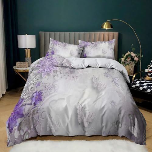 XCQHZYQ Bettwäsche-Sets Lila Blume Bettwäsche 200x200 cm Weiche Mikrofaser Allergiker 3 Teilig Bettbezug mit Reißverschluss für Teenager Erwachsene