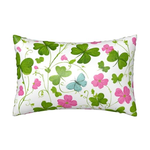 Satin-Kissenbezug, Kleeblatt-Schmetterling, seidige Kissenbezüge für Haar und Haut, mit Reißverschluss, grüne Blätter, kühlender Kissenbezug für Bettwäsche, Wohnzimmer, Sofa, 50 x 75 cm