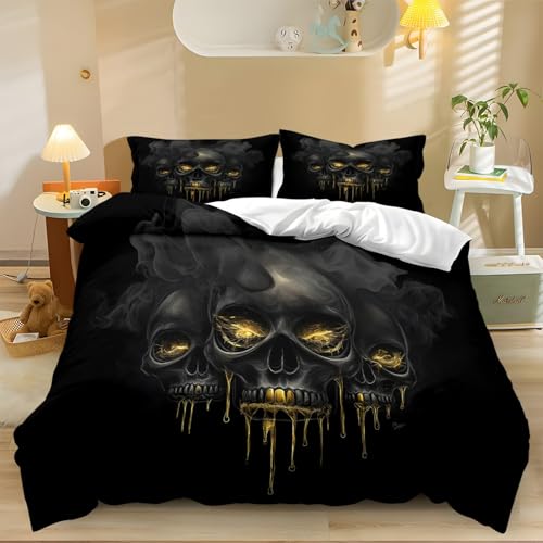 Bettbezüge Set Gothic Totenkopf Mysteriös 3D Muster Bedruckt Bettbezug Mit Reißverschluss Schwarz Gold Weiche Mikrofaser Bettwäsche Set 155 X 220 cm 3 Stück Set Pflegeleicht Weich