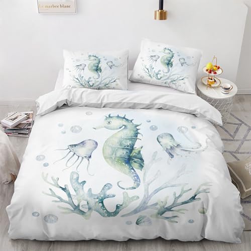 Meerestiere Deko - Meerestiere Bettwäsche 135x200 Sommer, Seepferdchen Quallen Korallenmuster Bettbezug 2er Set, Wendebettwäsche und Kissenbezug, Mikrofaser Bettwäsche-sets mit Reißverschluss