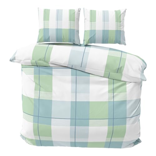 Visaggio Biber Bettwäsche 200x220 cm flauschig Feinbiber Bettbezug Winterbettwäsche 2X Kissenbezug 80x80 cm gestreift Grün Petrol Doppelset 3teilig