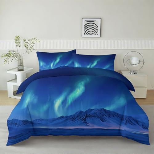 Bettwäsche 135 x 200 cm Weiß 3-Teilig, Bettbezug Fantasy Eisberg Traum Polarlicht Weiche Angenehm Bügelfreie Mikrofaser Wendebettwäsche-Sets mit Reißverschluss - Deckenbezug mit 2 Kissenbezüge
